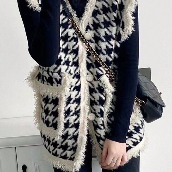 Multicolor Preppy Womens Houndstooth Pattern Raw Trim Dual Pocket Sweater Vest - Picture 4 of 4